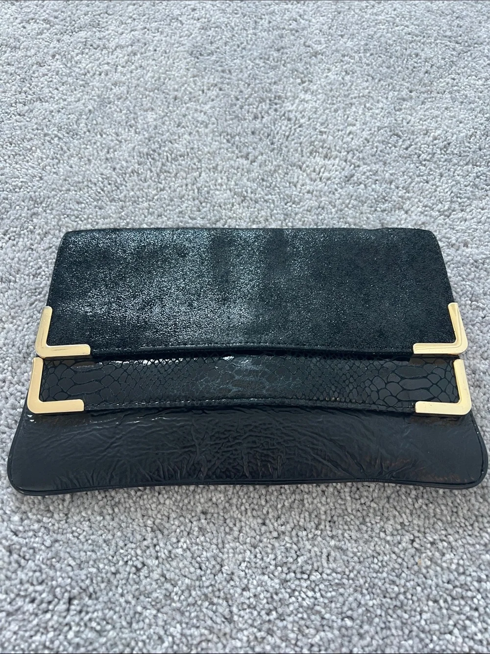 Michael Kors Black Mixed-Material Flap Clutch with Gold Corners